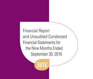 Financial Report and Unaudited Condensed Financial Statements for the Nine Months Ended September 30, 2016